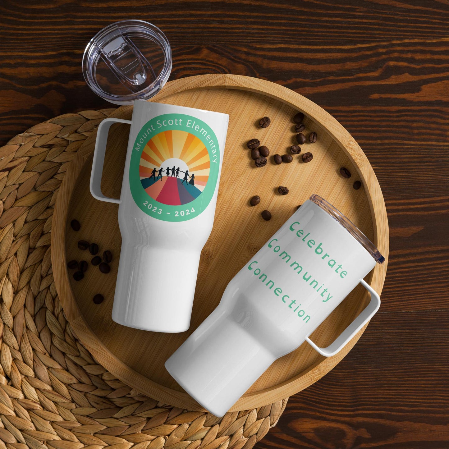 Mt. Scott Celebrate Community Connections Travel mug with a handle